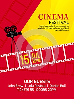 Cinema festival poster template. Vector camcorder and line videotape illustration. Movie festival art background