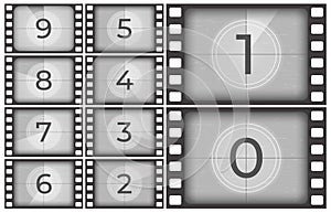 Cinema film countdown. Old movie films strip frame, vintage intro screen counting numbers or retro timer frames vector