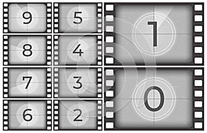 Cinema film countdown. Old movie films strip frame, vintage intro screen counting numbers or retro timer frames vector