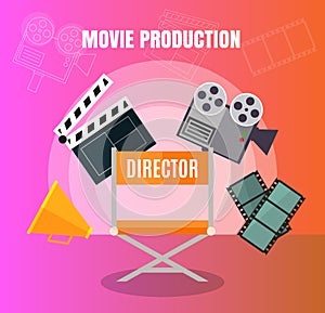 Cinema and film making, movie production stuff set design concept with director viewers and film stripe vector