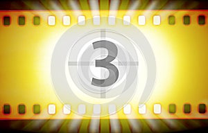 Cinema film strip with movie countdown and light rays. Movie startup concept