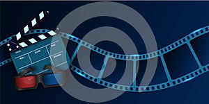 Cinema Film Strip wave, 3d cinema glasses and clapper board. 3d movie flyer or poster isolated on blue background