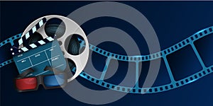 Cinema Film Strip wave, 3d cinema glasses, film reel and clapper board isolated on blue background. 3d movie flyer or poster with