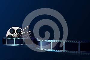 Cinema film strip wave, film reel and clapper board isolated on blue background. 3d Movie and film cinema festival