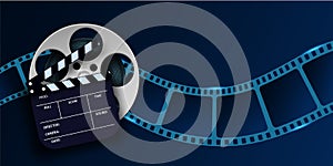 Cinema Film Strip wave, film reel and clapper board isolated on blue background. 3d movie flyer or poster with place for your text