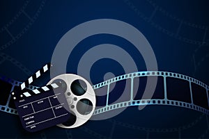 Cinema Film Strip wave, film reel and clapper board isolated on blue background. 3d movie flyer or poster with place for your text