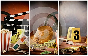 Cinema film themed collage with movie props