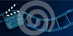 Cinema Flyer Or Poster with Film Strip wave and Clapper Board. 3d movie art blank isolated on blue background. Template For Your