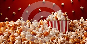 cinema food blue bucket classic film popcorn red background corn box. Generative AI.