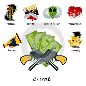 Cinema genre icons set cinematography flat entertainment comedy drama thriller movie production symbol vector