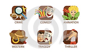 Cinema Genres Set, Crime, Comedy, Animation, Western, Tragedy, Thriller, Cinematography, Movie Production Sign Vector