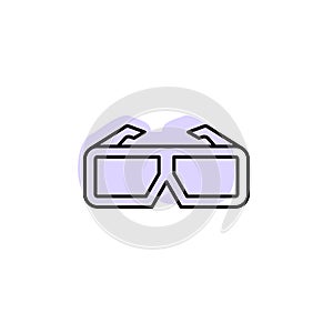 Cinema, glasses, 3d with color shadow vector icon in movie, cinema, film, screen, flicks set