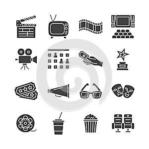 Cinema glyph icon set. Collection icons of glasses, movie camera, ticket, cinema hall, award. Vector symbol of entertainment and