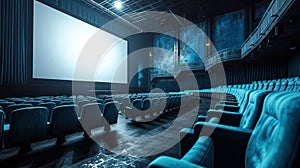 Cinema Hall with Blue Seats and Blank White Screen. - AI Generated