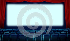 Cinema hall with white blank screen, chairs and red curtain. Realistic blue chairs movie theater seats facing a screen