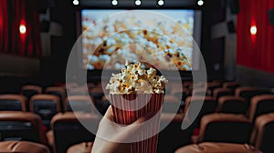 cinema with a hand holding popcorn in front of a movie screen, while the blurred cinema hall in the background sets the