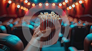 cinema with a hand holding popcorn in front of a movie screen, while the blurred cinema hall in the background sets the