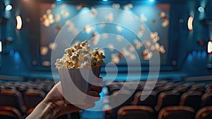 cinema with a hand holding popcorn in front of a movie screen, while the blurred cinema hall in the background sets the