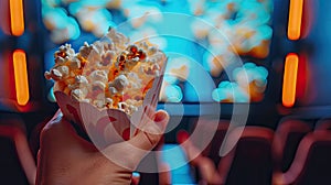 cinema with a hand holding popcorn in front of a movie screen, while the blurred cinema hall in the background sets the