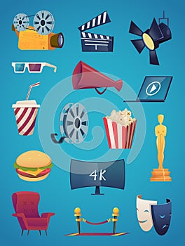 Cinema icon collection. Movie theatre entertainment cartoon pictures video club popcorn 3d glasses camera popcorn vector