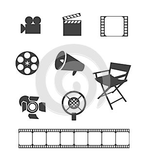 Cinema icon set. Movie making flat vector illustration. Cinematography graphic isolated icon collection. Director`s chair, camera