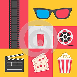 Cinema icon set. Movie reel Open clapper board Popcorn box package Ticket Admit one three stars. Soda glass straw, film strip, 3d