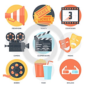 Cinema Icons Set (Megaphone, Tickets, Countdown, Camera, Clapper Board, Masks, Bobbin, Popcorn and Drink, 3D Glass).