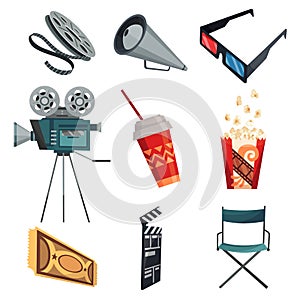 Cinema icons set. Movie industry objects. Design elements for movie theater or theme of cinema. Isolated stickers
