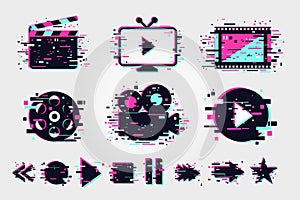 Cinema icons set. Vector signs collection for movie. Online video objects. Glitch style symbols for tv. Color
