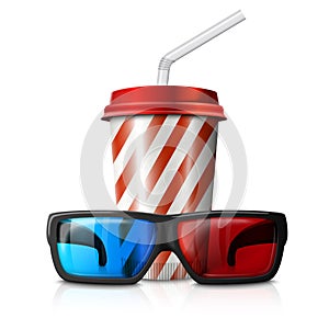 Cinema illustration - 3d glasses and red striped cola cup. Vector
