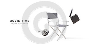 Cinema Industry Concept. 3d realistic Director Chair, cinema clapper and Film reels on white background. Vector illustration