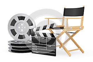 Cinema Industry Concept. Director Chair, Movie Clapper and Film