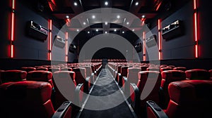 Cinema interior of movie theatre with empty red and black seats with copyspace on the screen and glow on edge. Generative Ai