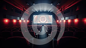 Cinema interior of movie theatre with empty red and black seats with copyspace on the screen and glow on edge. Generative Ai