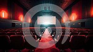 Cinema interior of movie theatre with empty red and black seats with copyspace on the screen and glow on edge. Generative Ai