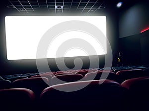 cinema interior of movie theatre with empty red seats with copyspace on the screen and glow on edge, concept of recreation and en