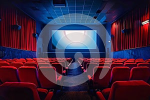 Cinema interior with red seats and projector screen.