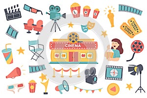 Cinema isolated objects set. Collection of clapper, 3d glasses, camera, popcorn, oscar statuette, tickets, spectator, festival