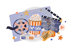 Cinema items in retro style. Movie tickets, film clapperboard, popcorn bucket, vintage reel, and 3d glasses composition