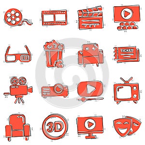 Cinema line icons in comic style. Entertainment set cartoon vector illustration on white isolated background. Movie media splash