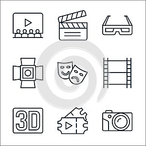 cinema line icons. linear set. quality vector line set such as camera, tickets, d movie, film roll, theater, spotlight, d glasses