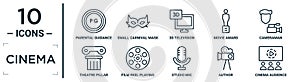 cinema linear icon set. includes thin line parental guidance, 3d television, cameraman, film reel playing, author, cinema audience