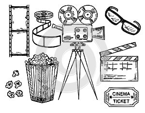 Das kino a Schaffung Filme handgemalt satz das Herzstück der Glocke winde ein Film fahrkarte a gerösteter mais isoliert auf weißem hintergrund 