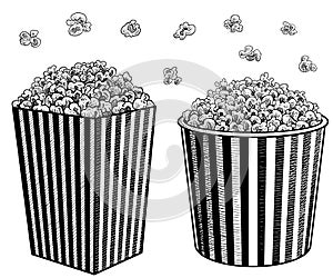 Cinema, movie, collection illustration, drawing, engraving, ink, line art, vectorPopcorn in box illustration, drawing, engraving,