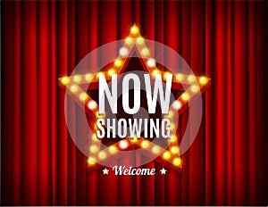 Cinema Movie Concept Light Bulbs Vintage Neon Glow Star Shape on a Red Curtains.