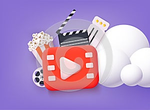 Cinema Movie Concept. Objects for watching video content, movies. Browser, play, popcorn, clapper cinema. 3D Web Vector