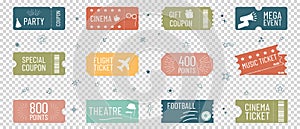 Cinema, Movie, Concert, Theatre, Flight, Football, Ticket Icon Set - Different Vector Illustrations Isolated On Transparent