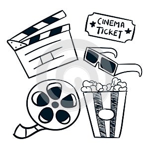 Cinema movie doodle scribble set vector icons. cinema film director scribble objects. cinema elements drawing vector