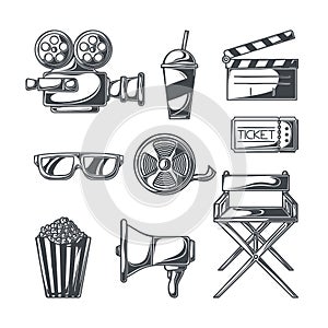 Cinema movie entertainment film black icons elements set isolated vector