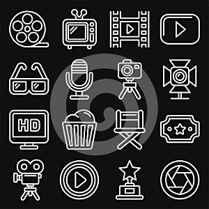 Cinema and Movie Icons Set on Black Background. Line Style Vector